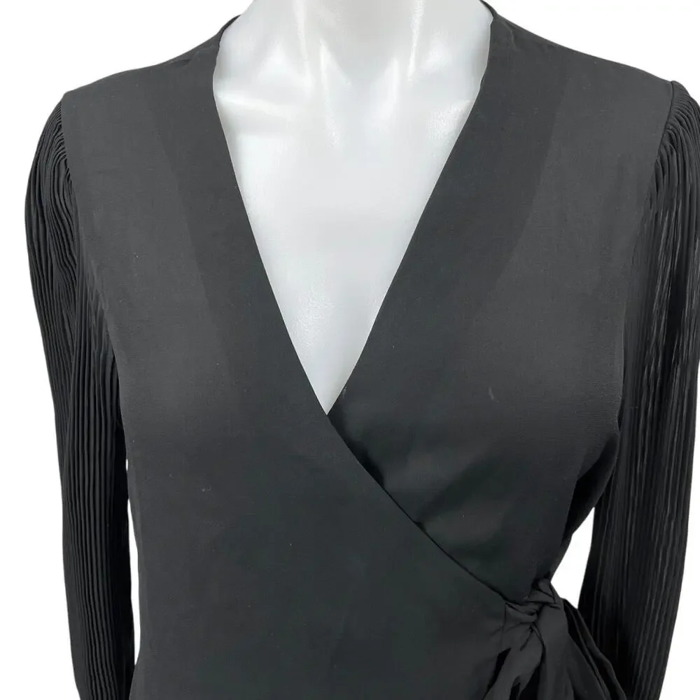 Zara Black Pleated Long Sleeve Career Lightweight V Neck Wrap Blouse Top Size S